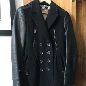 Burberry Brit Wool Pea Coat with Leather Sleeves